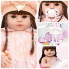 Boneca Reborn Barata Cabelo Castanho Fofa Kit 24 Itens Luxo