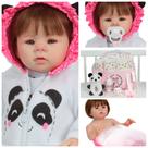 Boneca Reborn Bebê 100% Vinil Cabelo Fio a Fio Panda Pelúcia