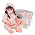 Boneca Reborn Bebê Corpo Silicone Macacão Florido E Itens