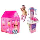 Boneca Reborn Infantil Macia + Barraca E Cozinha Casinha
