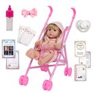 Boneca Reborn Loira Cabelo Longo Kit Roupão + Carrinho