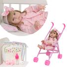 Boneca Reborn Loira Grande Com Carrinho Enxoval Pijama Rosa