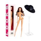Boneca Supermodelo 32cm com Cabelo Encaracolado Marrom - Chapéu de Lã e Suporte
