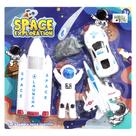 Boneco astronauta space explorador com aviao jato + carro roda livre + foguete e pedra
