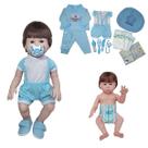Boneco Bebê Reborn Silicone 2 trocas + 19 Itens azul claro