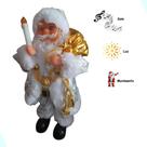 Boneco de Luxo Natalino Papai Noel Musical Com Movimento Luz e Som Roupa Branca com Prata Papai Noel com Vela que Acende
