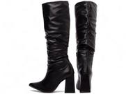 Bota Cano Alto Longo Franzida Feminina Bico Fino Salto Alto Grosso 9cm Preta Torricella