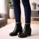 Bota Cano Curto Feminina Lisa Salto Bloco Grosso Alto Bico Redondo Confortavel Macia Moda Casual