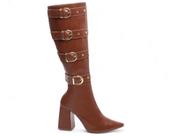 Bota Cano Longo Salto Alto Grosso 9cm Bico Fino Feminina com Ziper e Fivelas
