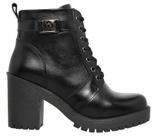 Bota Coturno Feminino Cano Médio Salto Alto Tratorado em Couro Preto