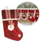 Bota Decorativa Meia Natal Papai Noel Tecido Linho Vinho e Xadrez com Guizo 35cm