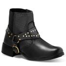 Bota Feminina Bico Redondo com Enfeite de Metal Preto e Marrom Salto Grosso Elástico Calçar Modelo 16021