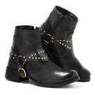 Bota Feminina Bico Redondo Confortável Macia Enfeite de Metal Preto e Marrom Salto Grosso Zíper Modelo 16031
