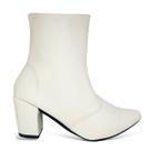 Bota Feminina Branca Off White Cano Curto Bico Fino Salto Bloco Grosso