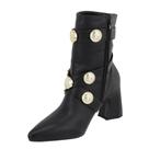 Bota Feminina com Salto Bloco Detalhe Broche Dourado Napa Preto
