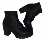 Bota Feminina Coturno Cano Curto Salto Baixo Tratorado Preto