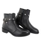 Bota Feminina de Couro Legitimo Cano Curto Salto Baixo Ziper Fivela Piramide Preto Café