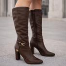 Bota Feminina de Couro Original Cano Alto e Salto Grosso Alto Ramarim 2615104 Cor:CapuccinoTamanho:40Gênero:Feminino