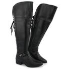 Bota Feminina Over The Knee Preta Couro Luxuosa Cano Alto Ajustável Lançamento Inverno
