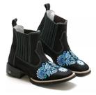 Bota Feminina RR Botas Texana Country em Couro Bordado Flores Bico Quadrado