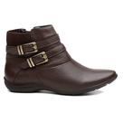 Bota Flat em Couro Feminino Rasteira Zíper Elástico Atrás Fivela Confortável