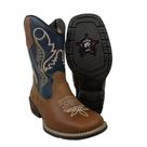 Bota Juvenil Caminhos da Roça Bico Quadrado Couro Caramelo Azul Royal Com Zíper e Bordado Amarelo e Vermelho Ref.KJ383