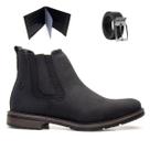 Bota Masculina Chelsea Couro Legitimo Macio Casual Sola de Borracha Com Carteira e Cinto 5010 Preto