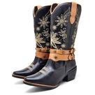 Bota Texana Em Couro Krn Shoes Com Bico Fino Detalhes Em Metal E Bordado