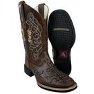 Bota Texana Feminina Big Bull Boots Couro Fóssil Marrom Bico Quadrado Bordado Bege Fundo Prata Ref. 900L497