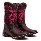 Bota Texana Feminina Couro Country Western Flor Rosa Bordada