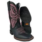 Bota Texana Feminina Durango Preta Bordado Rosa Solado Flex Bico Quadrado
