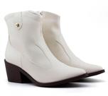 Bota Texana Feminina Quiz Off White Salto 6cm Zíper Lateral Sintético Moderno