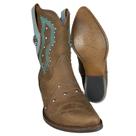 Bota Texana Feminina Vimar Bico Fino Cano Médio Couro Fóssil Castanho Bordado Azul E Tachinhas Sola Genova Ref11246