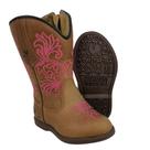 Bota Texana Infantil Caminhos da Roça Bico Redondo Couro Caramelo Com Zíper e Bordado Rosa Ref.Kl373