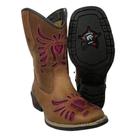 Bota Texana Infantil Juvenil Caminhos da Roça Bico Quadrado Couro Caramelo Pink Com Bordado em Relevo Pink Ref.MJ23