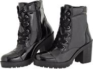 Bota Tratorada Feminino Salto Alto Ziper Preta Verniz 1701