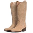 Botas de cowboy de camurça UV para mulheres de meia panturrilha com salto grosso
