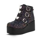 Botas de tornozelo LUCKY STEP femininas Platform Chunky Glitter pretas