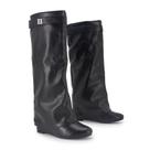Botas dobráveis GOGD femininas com altura até o joelho, bico de tubarão, salto em cunha Botas dobráveis GOGD femininas com altura até o joelho, bico de tubarão, salto em cunha