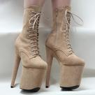 Botas Femininas De Cano Curto Em Flanela Com Cadarço, Salto De 8 Polegadas, Plataforma De 4