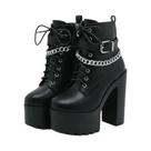 Botas Femininas de Salto Bloco com Corrente e Zíper - Detalhes em Renda e Plataforma