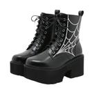 Botas Femininas Punk De Plataforma Com Salto Grosso, Em Couro PU, Com Bordado De Teia De Aranha E