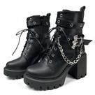 Botas FOREADA pretas com plataforma, salto grosso e corrente gótica