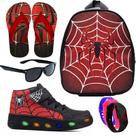 Botinha De Led Led Masculino Aranha Meninos Estilo Barato Calce Facil + Mochila Chinelo Oculos Relogio