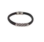 Bracelete 20cm Couro Preto E Placa Trançada Couro E Aço Bracelete 20cm Couro Preto E Placa Trançada Couro E Aço