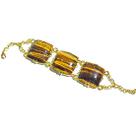Bracelete 3 Pedras Naturais Olho de Tigre Quadrado Dourado