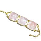 Bracelete 3 Pedras Naturais Quartzo Rosa Quadrado Dourado