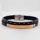 Bracelete Em Aço 21cm Couro Preto E Placa Gold Rosso