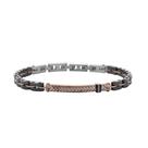 Bracelete em aço com placa rose fosca trabalhada, com 4 zircônia branca e gomos black.