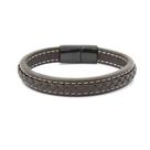 Bracelete Masculino Couro Marrom Centro Trançado Fecho Preto em Aço 20cm